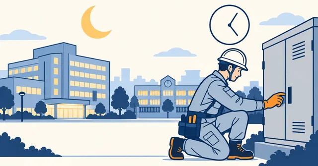 夜の病院と学校の前で、ヘルメット姿の電気技術者が受変電設備の箱を作業している。月と時計も描かれている。