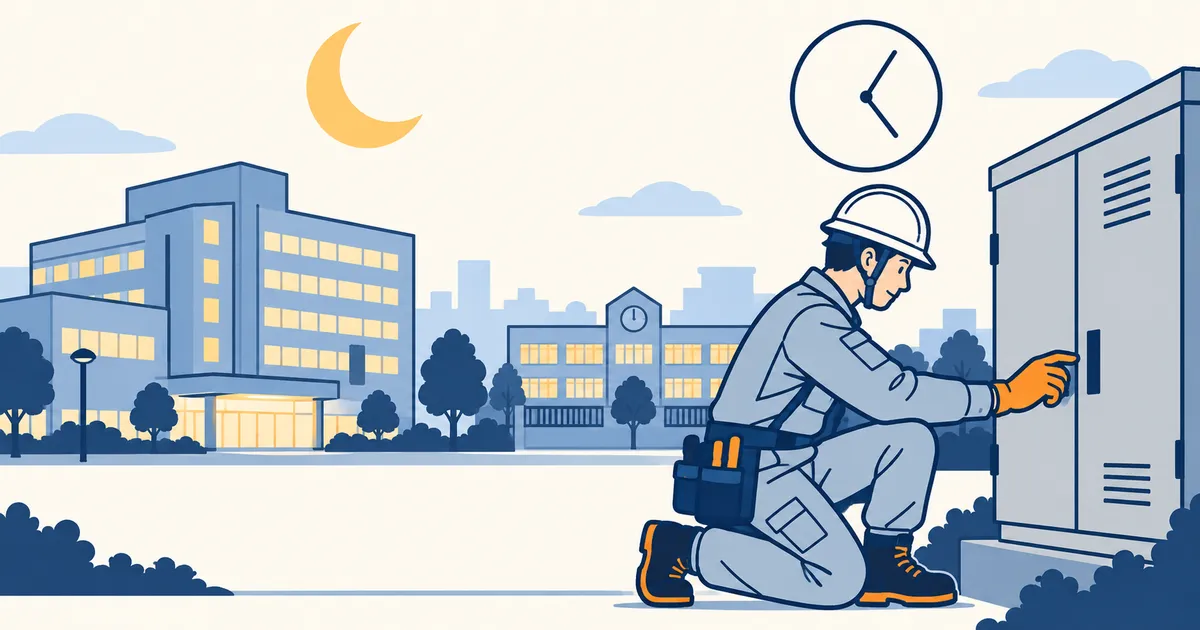 夜の病院と学校の前で、ヘルメット姿の電気技術者が受変電設備の箱を作業している。月と時計も描かれている。