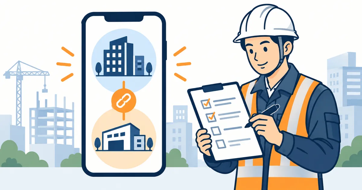 スマートフォン上で二つの会社がつながる画面と、チェックリストを確認する担当者のイラスト