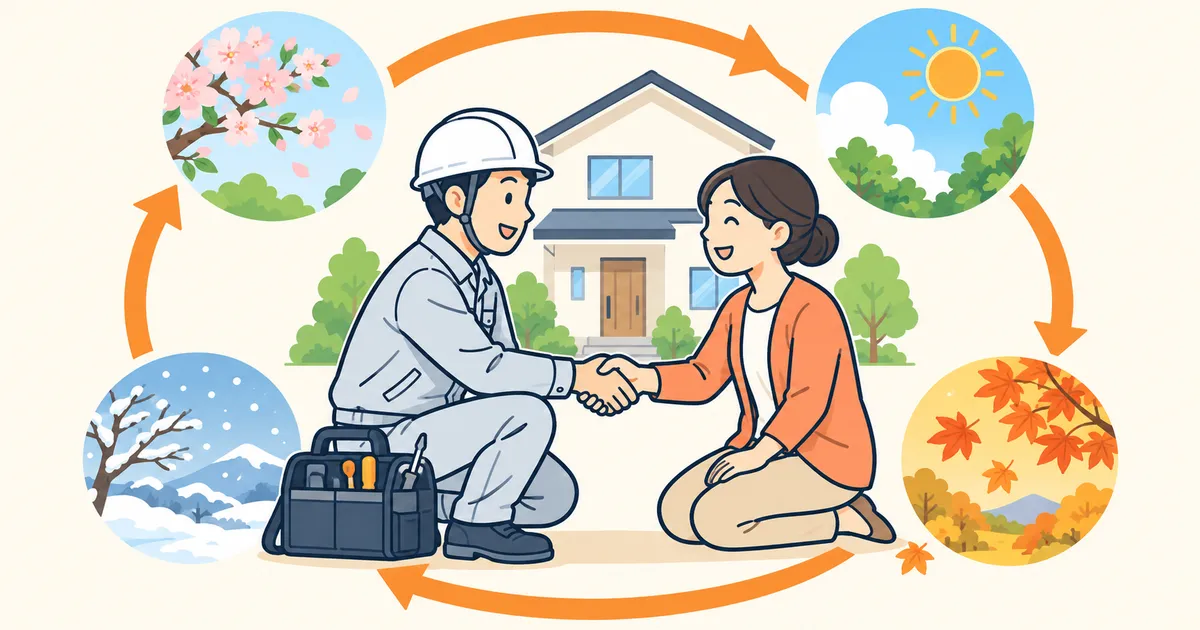 四季の円環の矢印の中で、ヘルメット姿の技術者と依頼主が握手している。