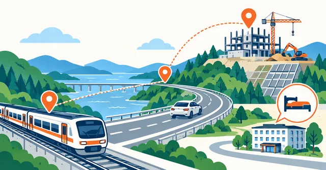 電車と車で遠方の工事現場へ向かう道のりと、地図ピン・宿泊のアイコンのイラスト