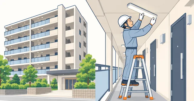 マンションの外観と、共用廊下の照明を脚立でヘルメット姿の作業者が交換する様子。