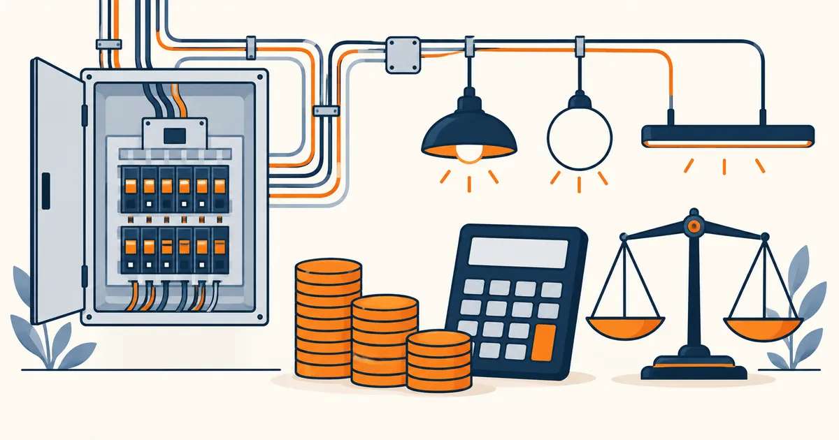 分電盤と配線、照明器具の下に、コインの山と電卓、天秤が並んでいる。
