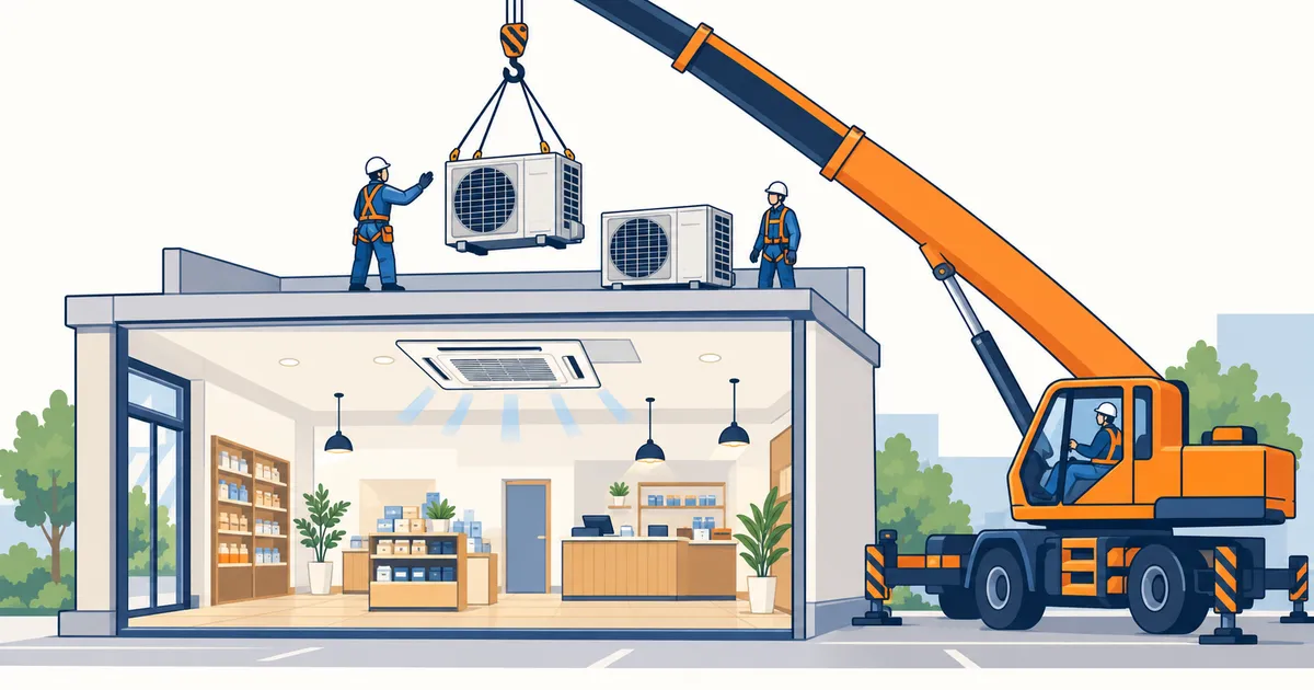 店舗の天井埋込型エアコンの更新のため、屋上でクレーンが室外機を吊り上げているイラスト。