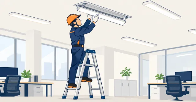 事務所の天井で、ヘルメットの作業員がはしごに乗って蛍光灯をLED照明に付け替えているイラスト。
