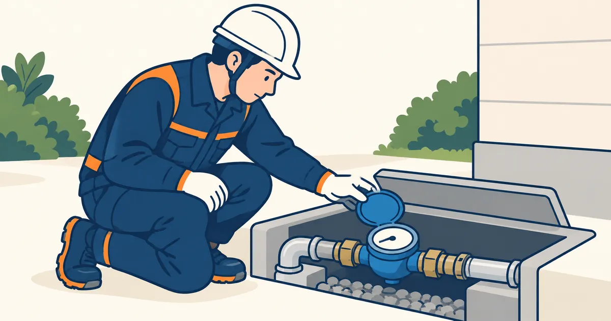 ヘルメット姿の技術者が、地面のボックス内の水道メーターと給水管を点検しているイラスト。