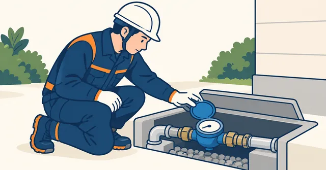 ヘルメット姿の技術者が、地面のボックス内の水道メーターと給水管を点検しているイラスト。