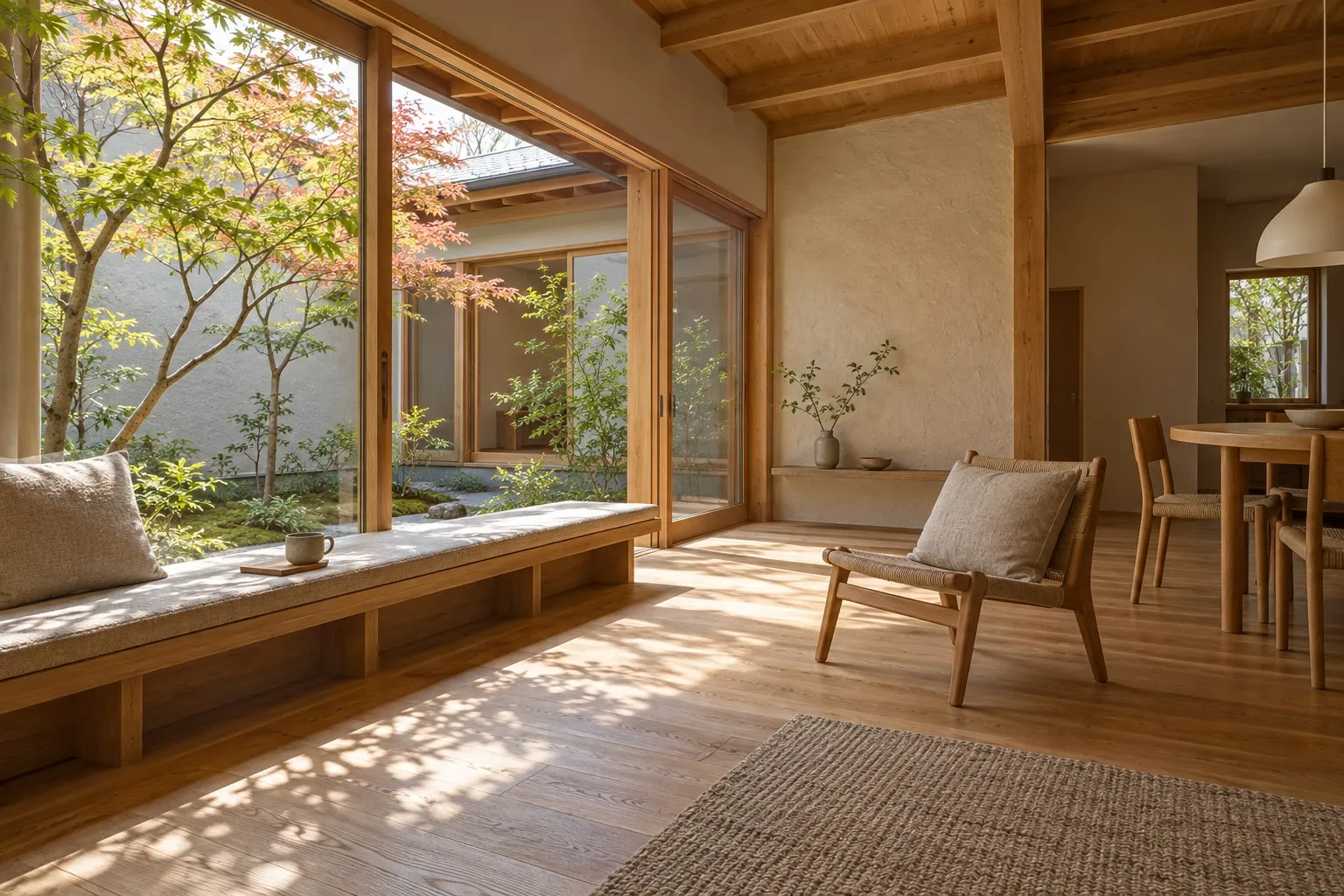木の梁と庭に向かって開く窓がある住まいのAI生成イメージ