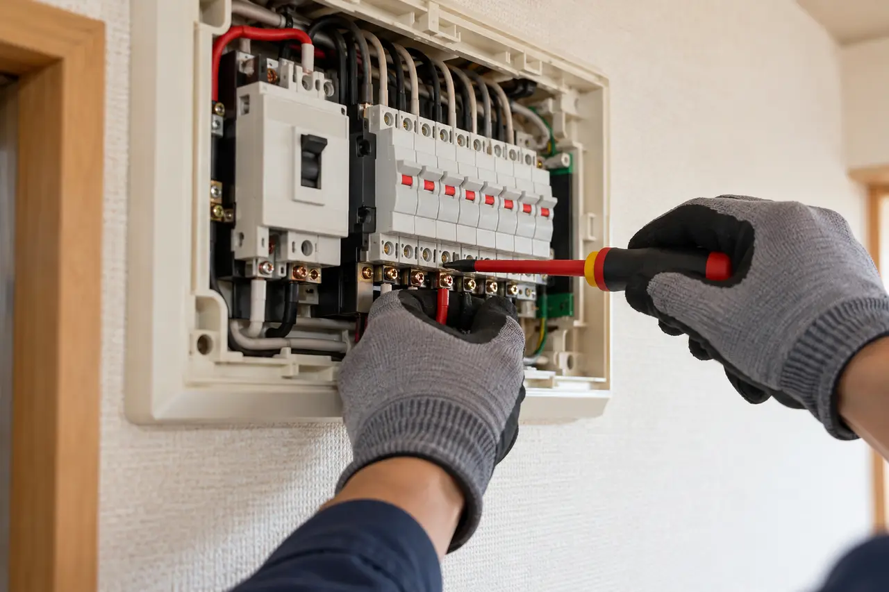 住宅の分電盤で作業する電気工事士の手元