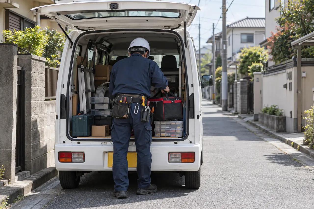 作業車に道具を積み込む電気工事士の後ろ姿