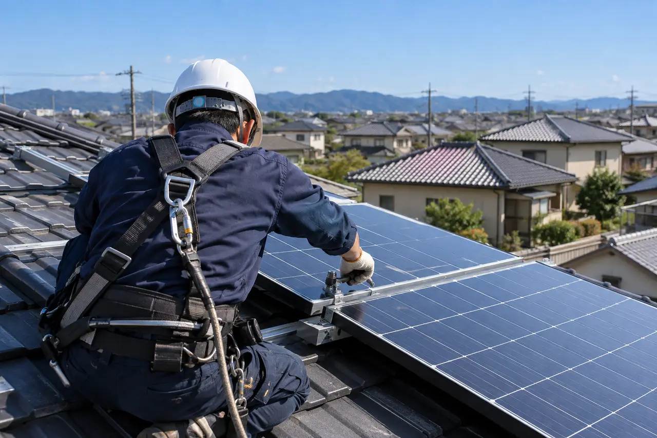屋根の上で太陽光パネルを取り付ける作業員の後ろ姿
