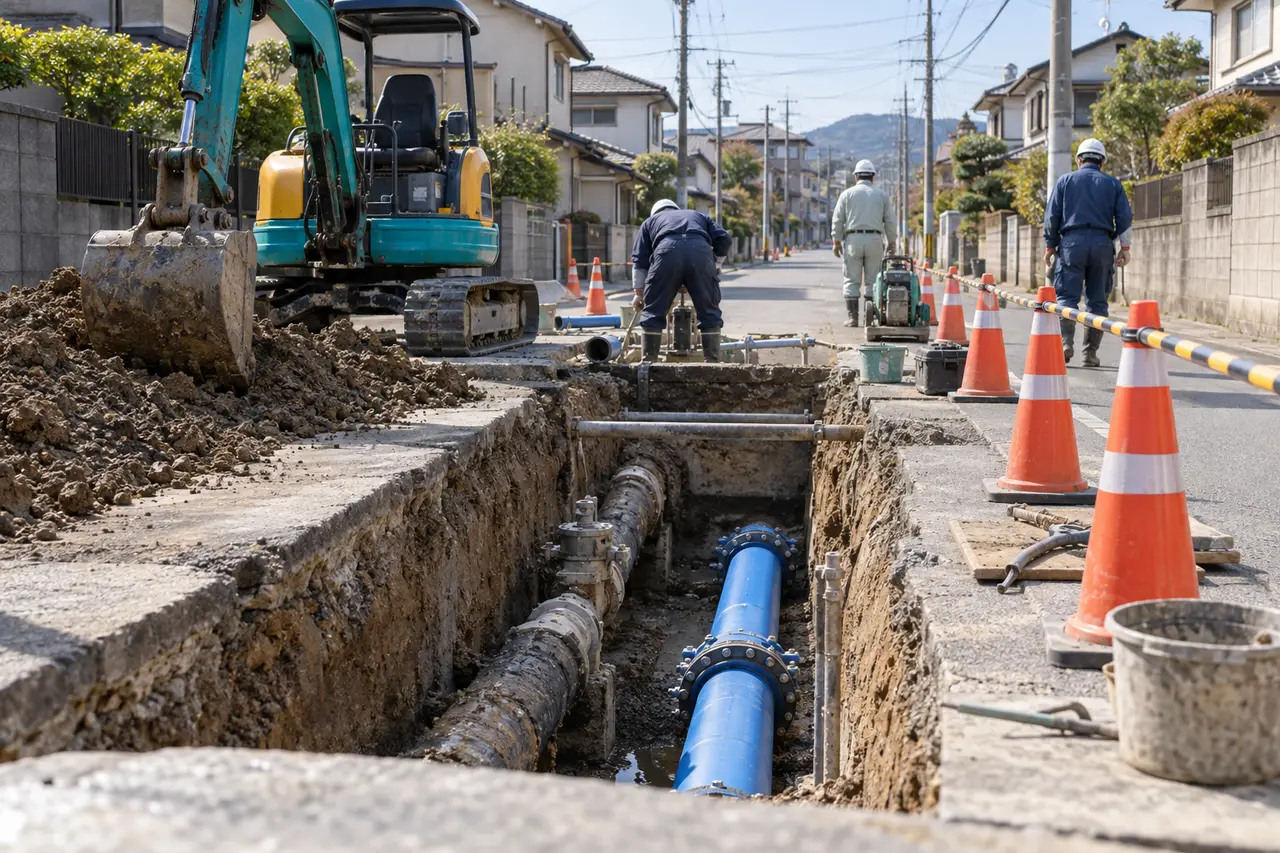 道路を掘削して水道管を入れ替える工事の現場