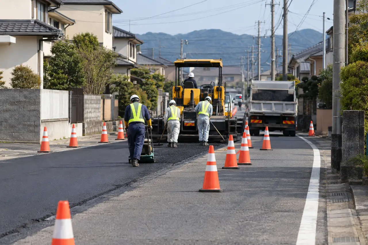 道路工事の現場で作業する作業員たちの遠景