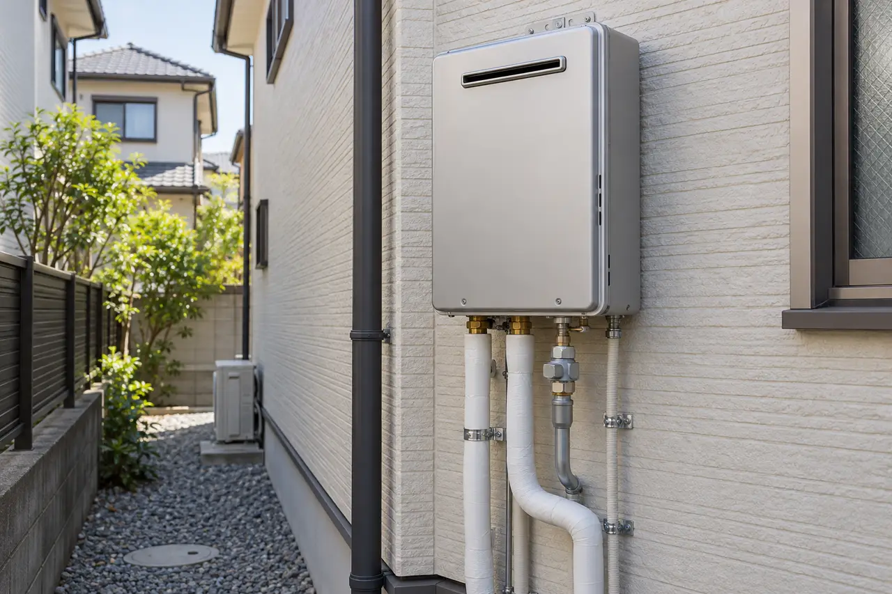 住宅に設置された給湯器と配管のAI生成イメージ