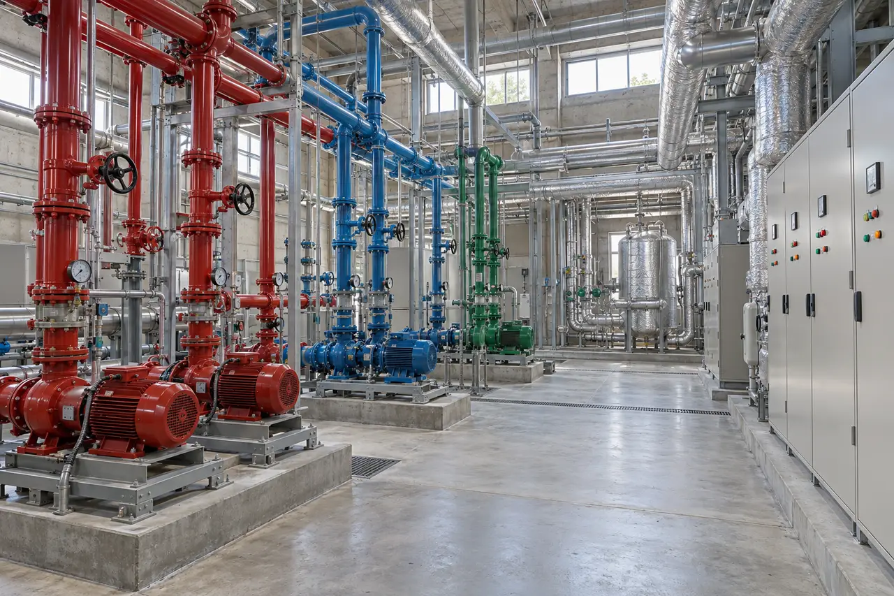 配管と制御盤が並ぶ建物の機械室